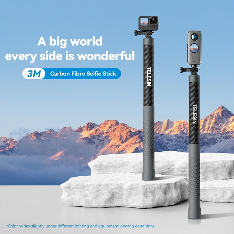 TELESIN 3M Carbon Fiber Selfie Stick Monopod With 1/4 Screw For DJI, Insta360, GoPro and Other Action Cameras, 3m