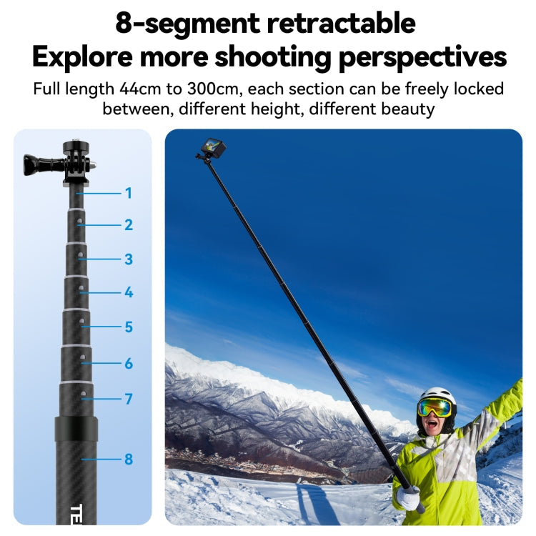 TELESIN 3M Carbon Fiber Selfie Stick Monopod With 1/4 Screw For DJI, Insta360, GoPro and Other Action Cameras, 3m