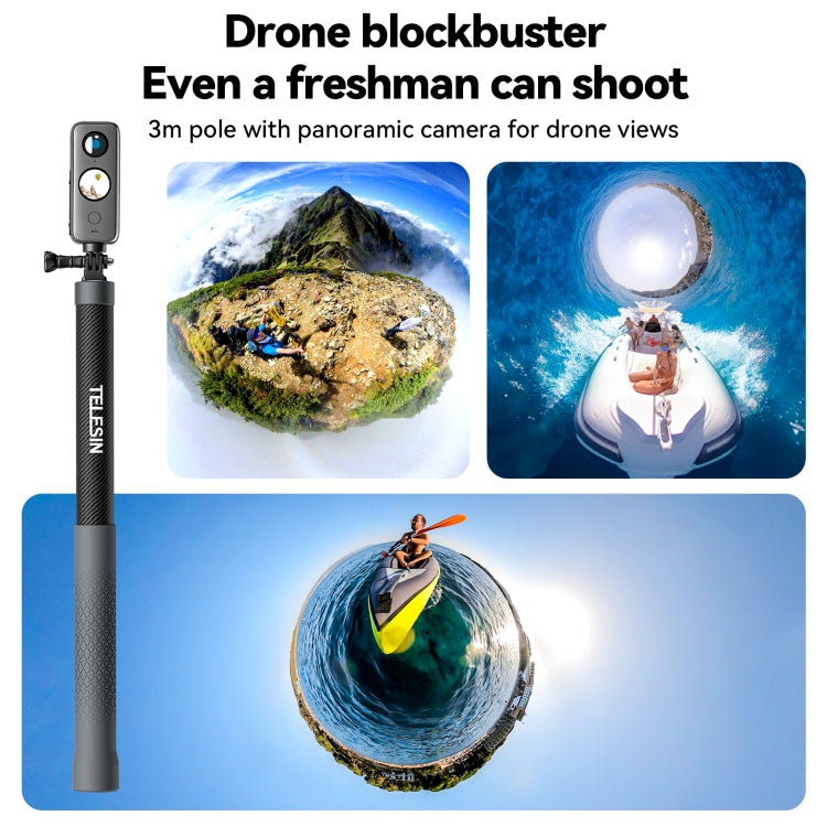 TELESIN 3M Carbon Fiber Selfie Stick Monopod With 1/4 Screw For DJI, Insta360, GoPro and Other Action Cameras, 3m
