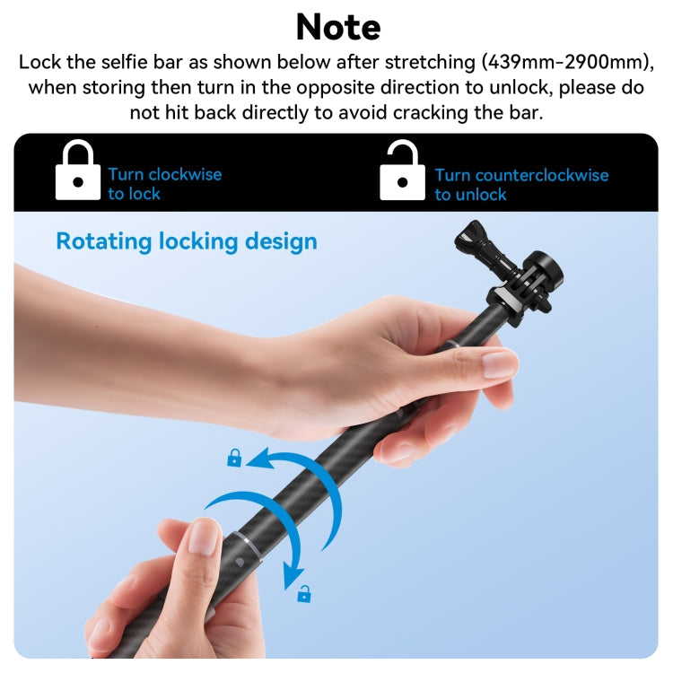 TELESIN 3M Carbon Fiber Selfie Stick Monopod With 1/4 Screw For DJI, Insta360, GoPro and Other Action Cameras, 3m