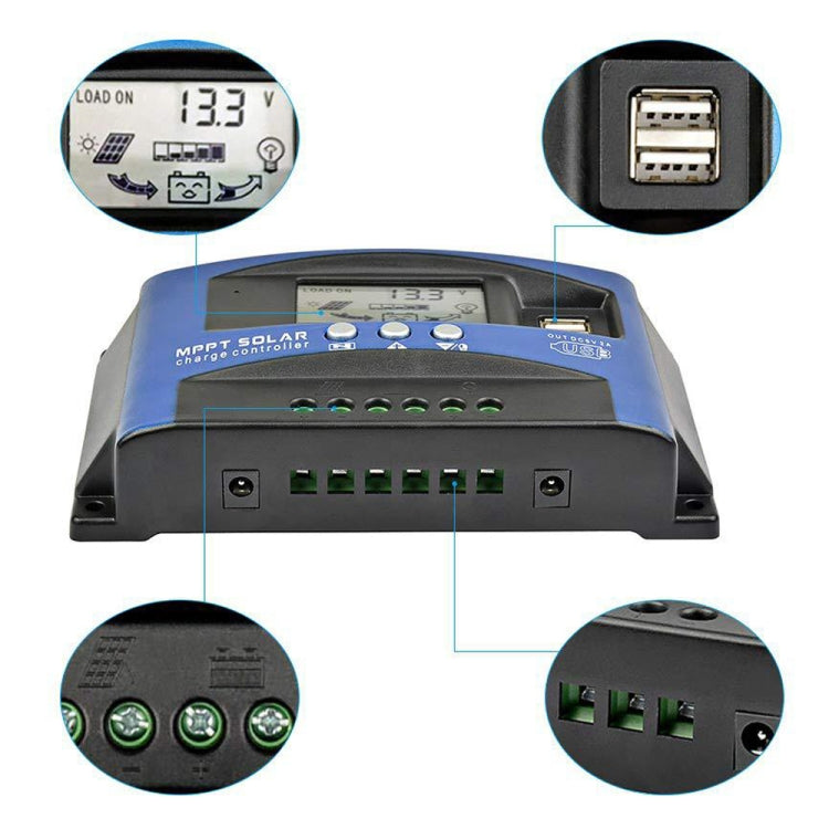 YCX-003 30-100A Solar Charging Controller with LED Screen & Dual USB Port Smart MPPT Charger, 12/24V 30A, 12/24V 40A, 12/24V 50A, 12/24V 60A, 12/24V 100A, 12/24/36/48/60V 100A