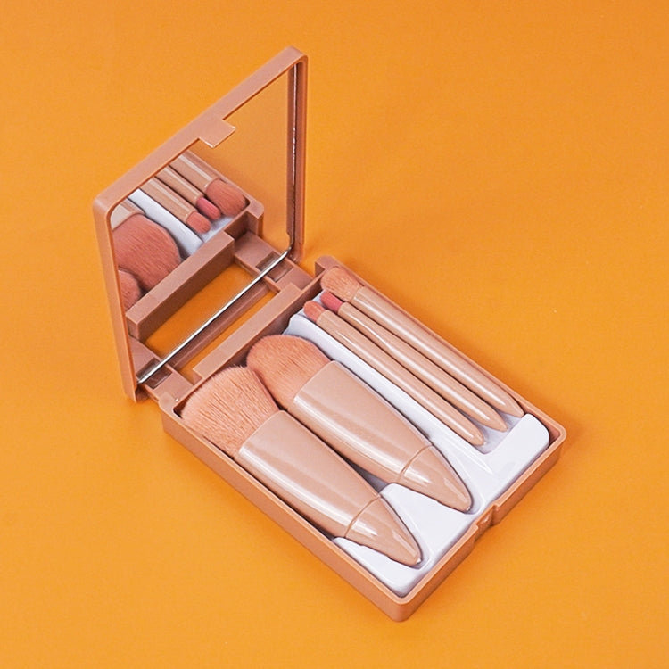 5pcs/Set Medium Portable Makeup Brush Set With Mirror Mini Multifunctional Makeup Brush, Brown, Rose Red, Pink, Fluorescent Green Brown