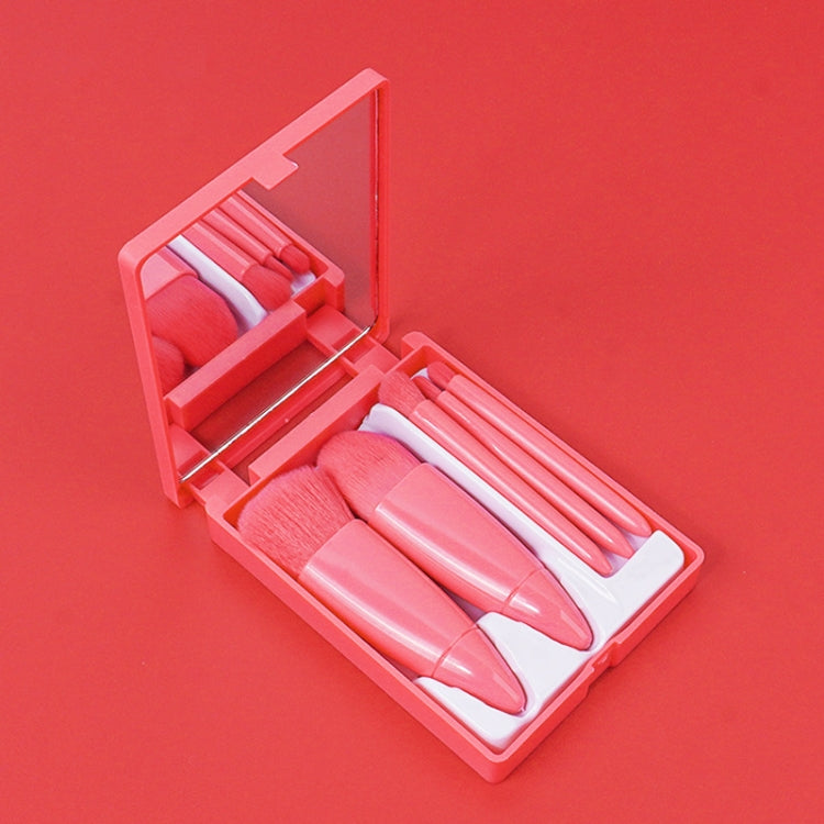 5pcs/Set Medium Portable Makeup Brush Set With Mirror Mini Multifunctional Makeup Brush, Brown, Rose Red, Pink, Fluorescent Green – Durable Build, Easy to Use Rose Red