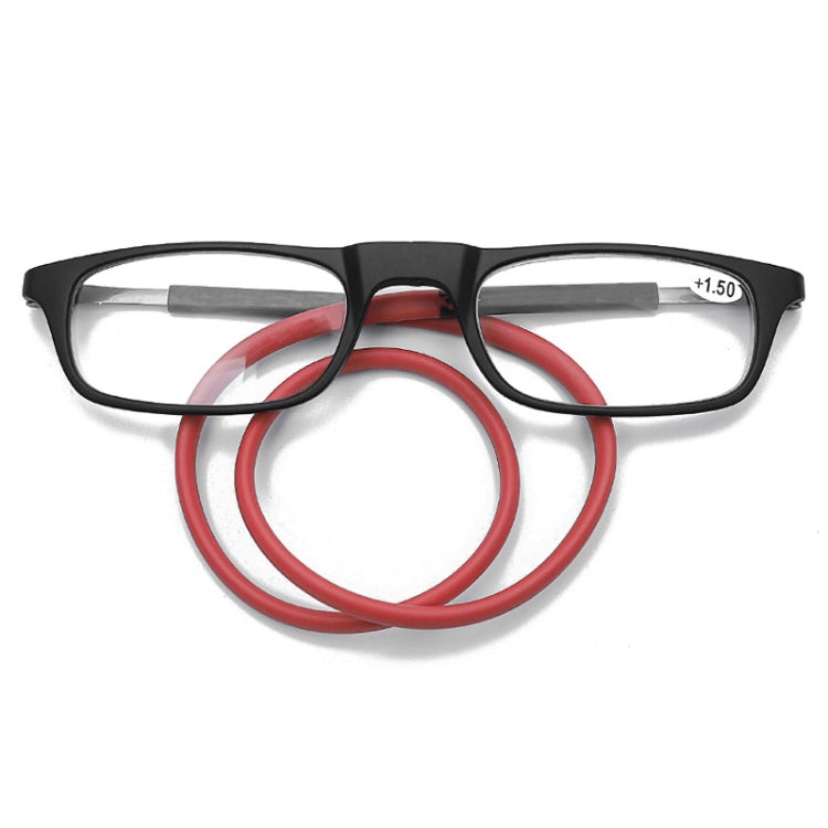 Portable Magnetic Hanging Neck Retractable Reading Glasses, +100, +125, +150, +175, +200, +225 +100 Black Frame Red Legs