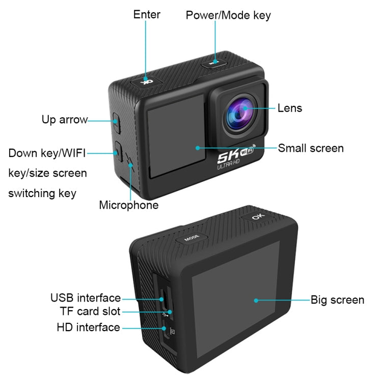 5K/30FPS WIFI HD Anti-Shake Remote Touch Dual-Screen IP68 Waterproof Sports Camera, 5K, 5K Camera + 64G Card, 5K Camera+128G Card