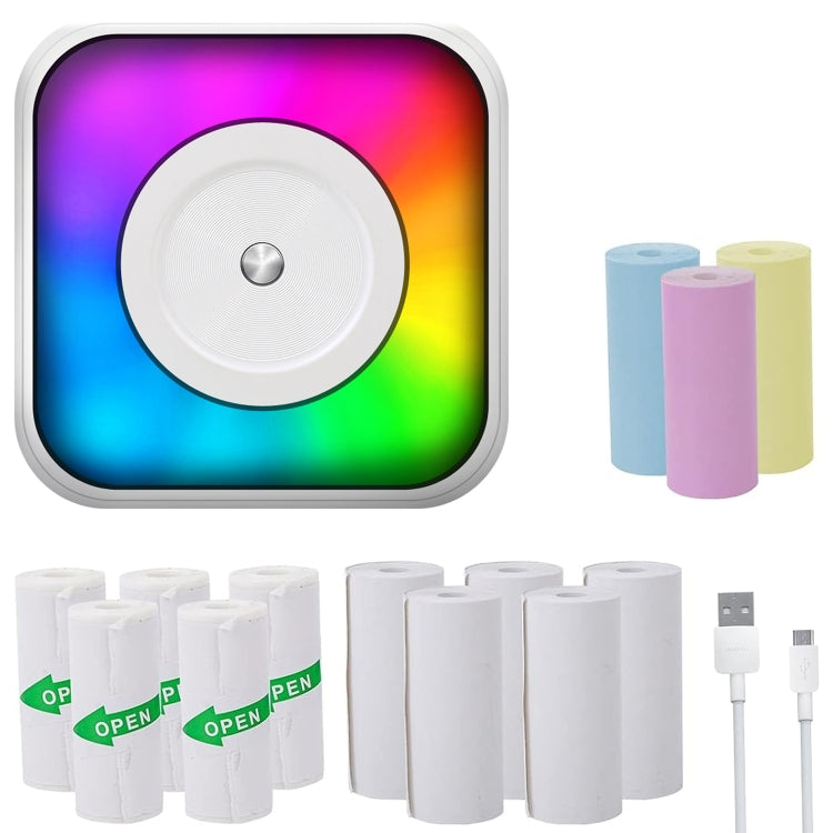 RGB Light Portable Mini Bluetooth Printer Inkless Document Label Printer, with 1-Roll Paper, with 5-Rolls Paper, with 5-Rolls Stickers, with 5 Paper+5 Stickers+3 Color Paper – Bluetooth with 5 Paper+5 Stickers+3 Color Paper
