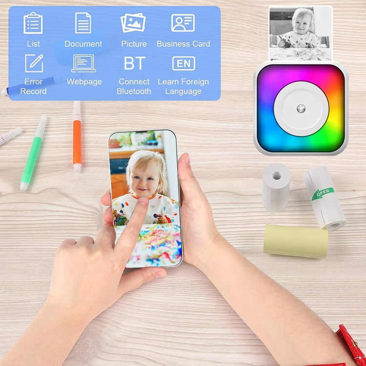 RGB Light Portable Mini Bluetooth Printer Inkless Document Label Printer, with 1-Roll Paper, with 5-Rolls Paper, with 5-Rolls Stickers, with 5 Paper+5 Stickers+3 Color Paper