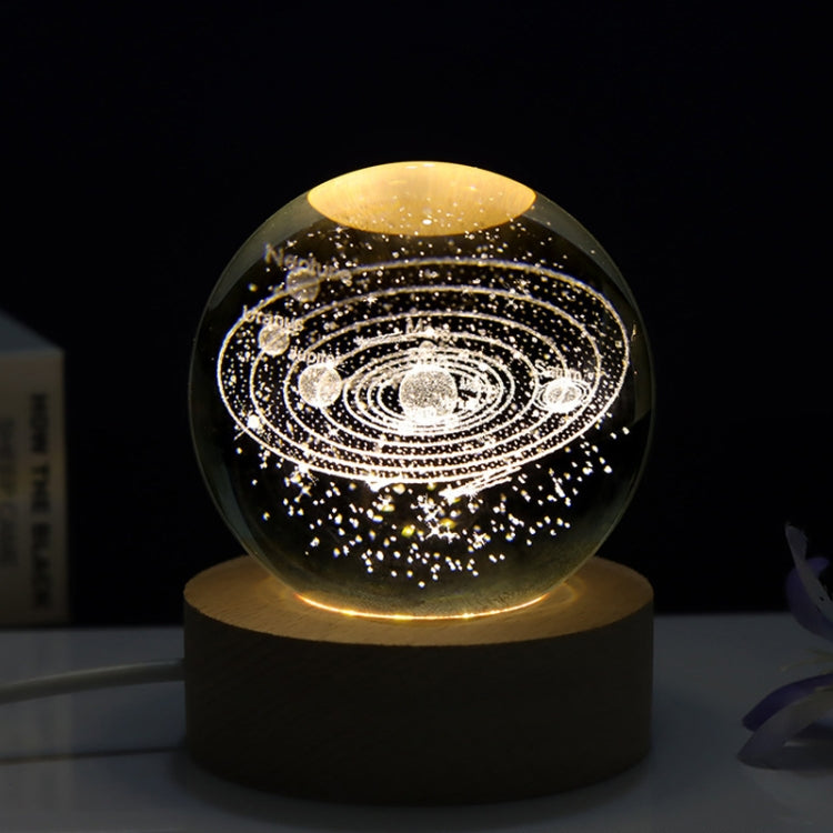 6cm With Warm Light Base 3D Laser Engraved Crystal Ball Night Light USB Glowing Glass Ball, Solar System, Saturn, Moon Solar System