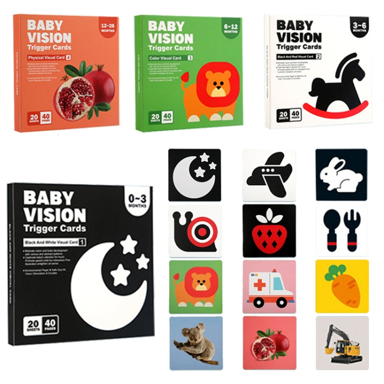 20pcs /Book Baby Early Learning Card Children Eye Care Visual Stimulation Card, 1-order Black And White, 2-order Black And Red, 3-order Color, 4-order Real Object