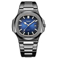 BINBOND B1885 30m Waterproof Retro Luminous Square Men Quartz Watch, Black Steel-Blue-White Black Steel-Blue-White