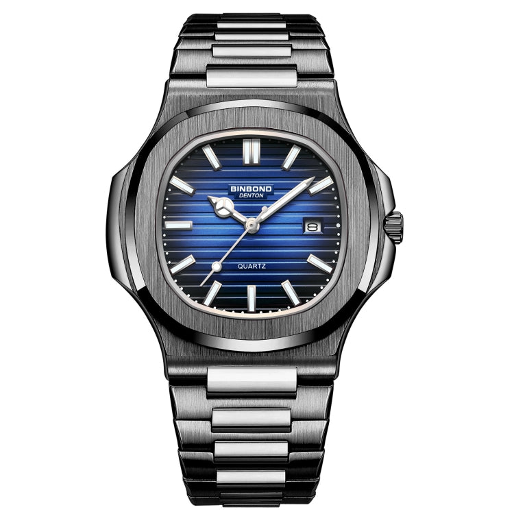 BINBOND B1885 30m Waterproof Retro Luminous Square Men Quartz Watch, Black Steel-Blue-White Black Steel-Blue-White