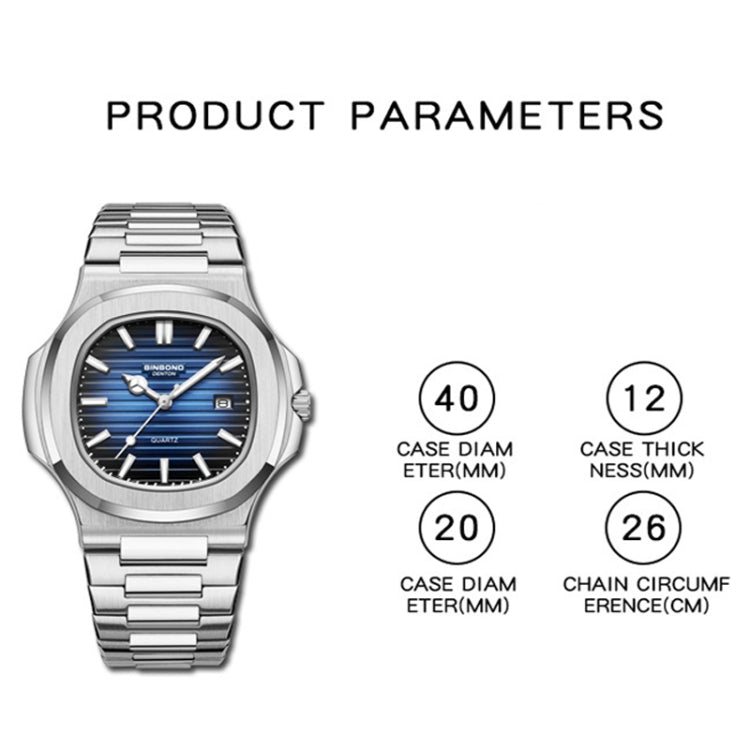 BINBOND B1885 30m Waterproof Retro Luminous Square Men Quartz Watch, Black Steel-Blue-White
