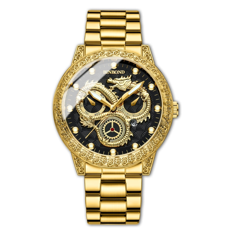 BINBOND B3030 Embossed Dragon Luminous Waterproof Quartz Watch, Full-gold Black, White Steel-White Full-gold Black