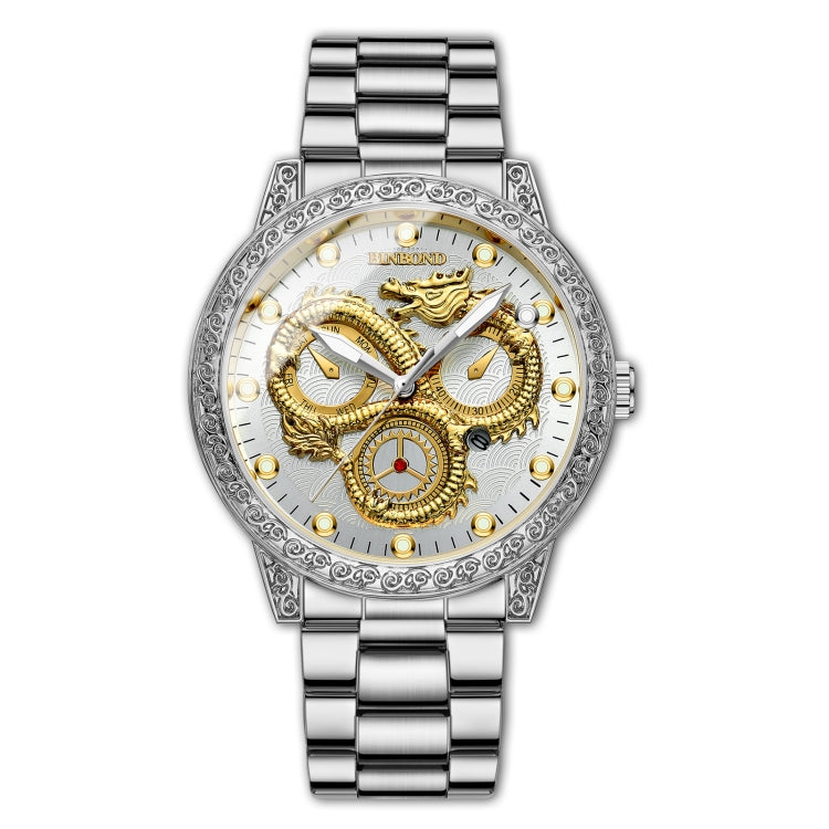 BINBOND B3030 Embossed Dragon Luminous Waterproof Quartz Watch, Full-gold Black, White Steel-White White Steel-White