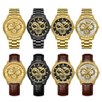 BINBOND B3030 Embossed Dragon Luminous Waterproof Quartz Watch, Full-gold Black, White Steel-White