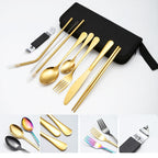 Portable Stainless Steel Cutlery Set Outdoor Picnic Knife And Fork Tool With Storage Bag, A Model Silver, A Model Gold, A Model Black, B Model Silver, B Model Gold, B Model Black, C Model Silver, C Model Black