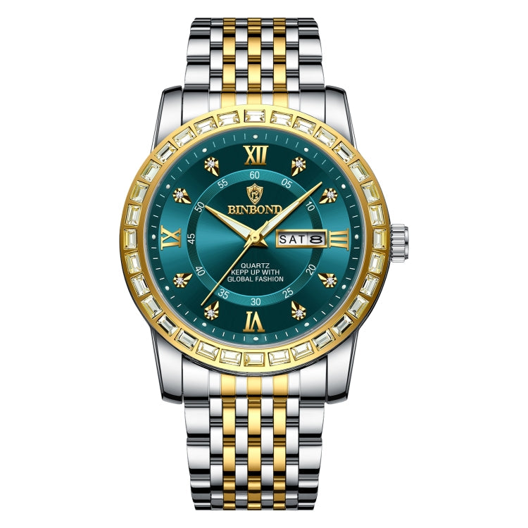 BINBOND B2202 Diamond Dual-calendar Luminous Quartz Watch, Inter-gold-Blue, Inter-gold-Green, Inter-gold-Black, Inter-gold-White, Full-gold-Gold, Full-gold-Black, White Steel-Blue, White Steel-Black Inter-gold-Green