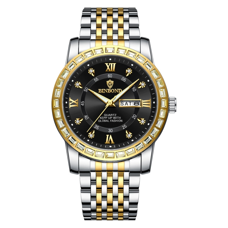 BINBOND B2202 Diamond Dual-calendar Luminous Quartz Watch, Inter-gold-Blue, Inter-gold-Green, Inter-gold-Black, Inter-gold-White, Full-gold-Gold, Full-gold-Black, White Steel-Blue, White Steel-Black Inter-gold-Black