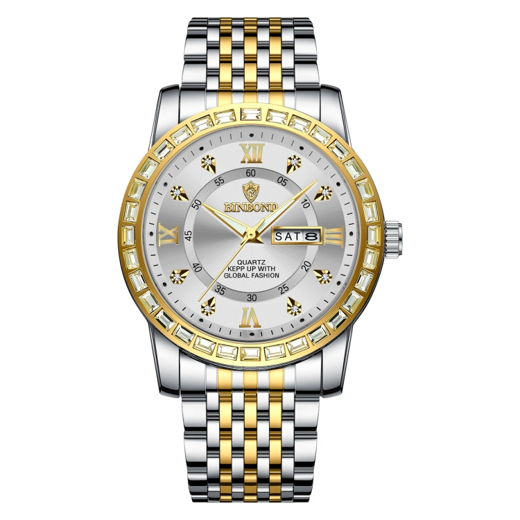 BINBOND B2202 Diamond Dual-calendar Luminous Quartz Watch, Inter-gold-Blue, Inter-gold-Green, Inter-gold-Black, Inter-gold-White, Full-gold-Gold, Full-gold-Black, White Steel-Blue, White Steel-Black Inter-gold-White