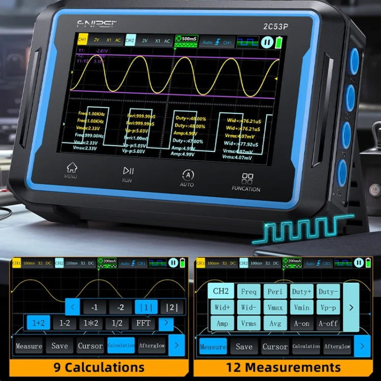 FNIRSI 2C53P Dual Channel Flat Panel Digital Oscilloscope Multimeter Signal Generator 3 In 1, 2C53P – Tempered Glass, TPU, 4K