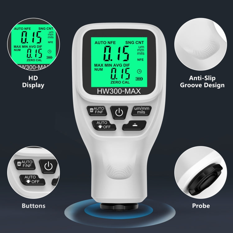 HW300-MAX Coating Thickness Gauge Anti-skid Paint Film Tester, White, Black – Non-slip