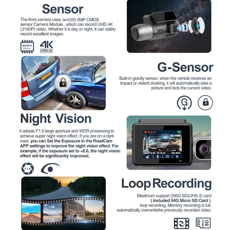 M700A 3 Channels Car Recorder 4K UHD Front+1080P Inside+2K Rear+GPS+WIFI Dash Cam, M700A – 4K
