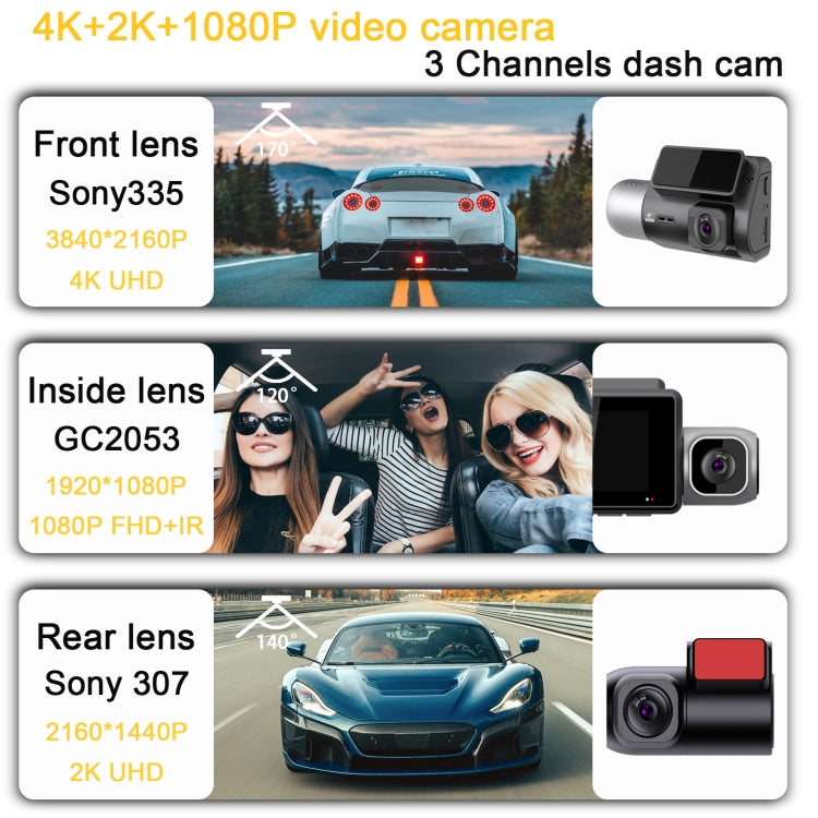 M700A 3 Channels Car Recorder 4K UHD Front+1080P Inside+2K Rear+GPS+WIFI Dash Cam, M700A – 4K