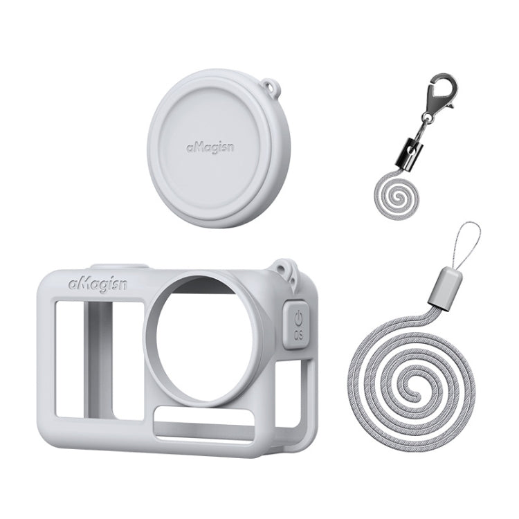 For DJI Osmo Action 5 Pro aMagisn Silicone Protective Case with Lanyard and Lens Cap Light Gray