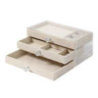 Three-Layer Velvet Dustproof Drawer Earrings Jewelry Storage Box Beige