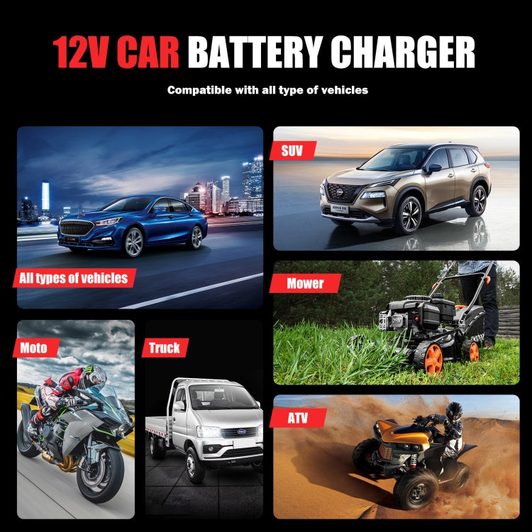 FOXSUR 12V8A SUV Car Motorcycle Intelligent Repair Type Lead-acid Battery Charger, EU Plug, US Plug, UK Plug – TPU