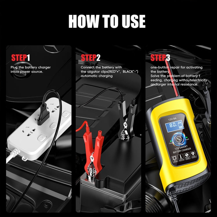 FOXSUR 12V8A SUV Car Motorcycle Intelligent Repair Type Lead-acid Battery Charger, EU Plug, US Plug, UK Plug – TPU