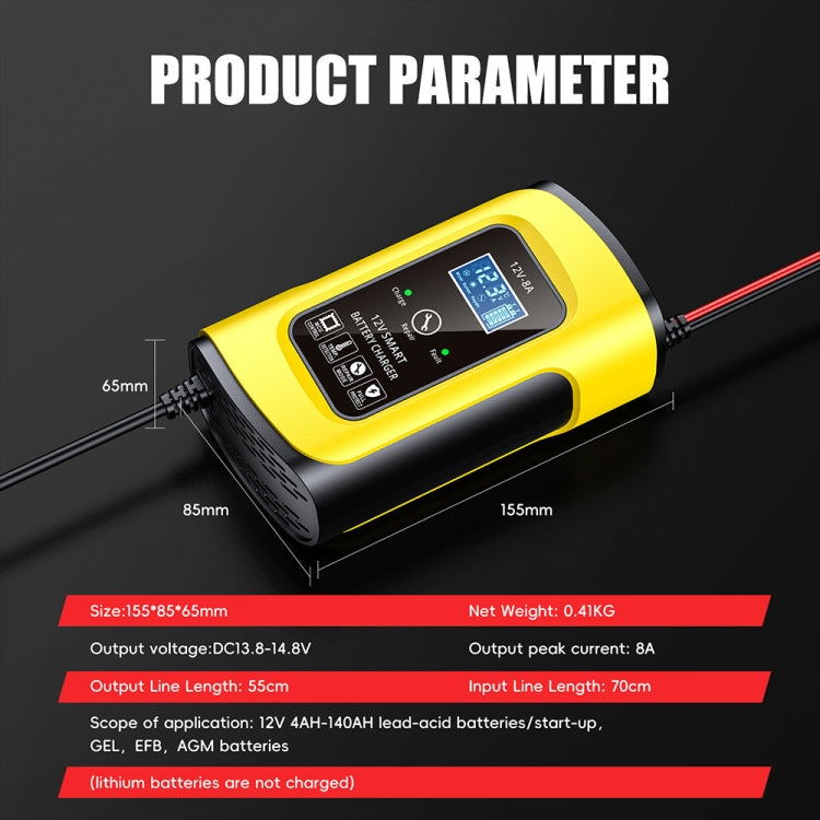 FOXSUR 12V8A SUV Car Motorcycle Intelligent Repair Type Lead-acid Battery Charger, EU Plug, US Plug, UK Plug – TPU