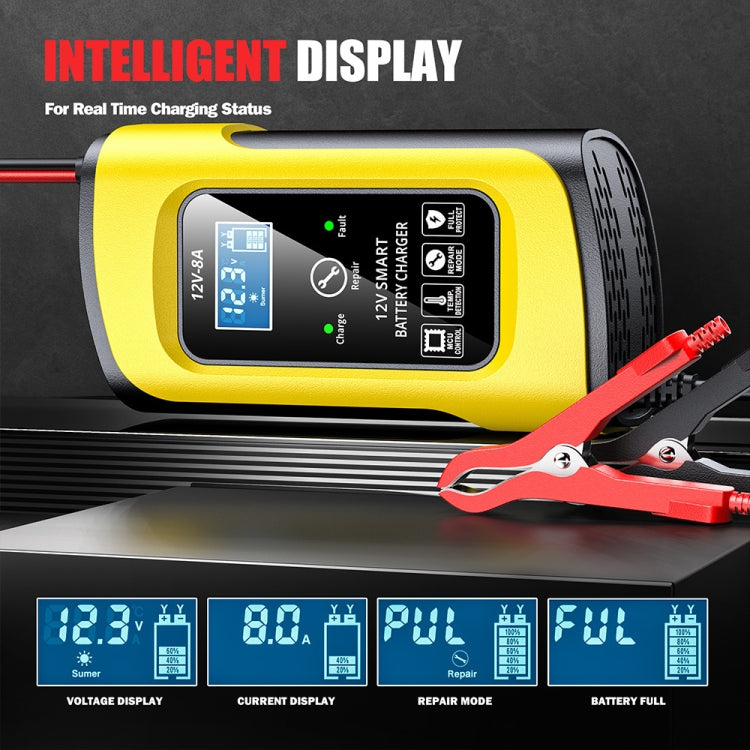 FOXSUR 12V8A SUV Car Motorcycle Intelligent Repair Type Lead-acid Battery Charger, EU Plug, US Plug, UK Plug – TPU