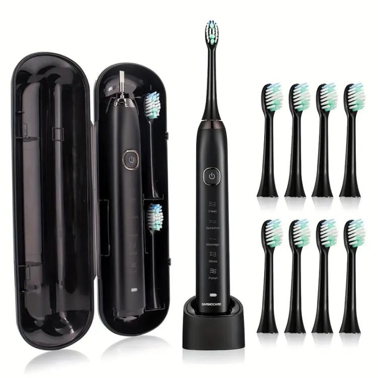 Sarmocare S100 IPX7 Waterproof Portable Sonic Electric Toothbrush with 8-brush Heads Black