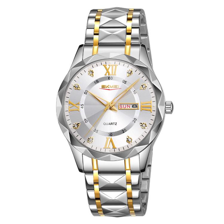 Business Casual Watches Diamond Case Luminous Waterproof Quartz Watch,... Men Silver Gold Strap Silver Dial