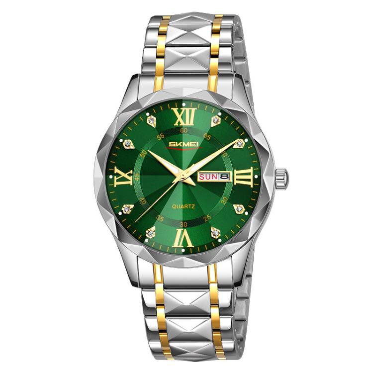 Business Casual Watches Diamond Case Luminous Waterproof Quartz Watch,... Men Silver Gold Strap Green Dial