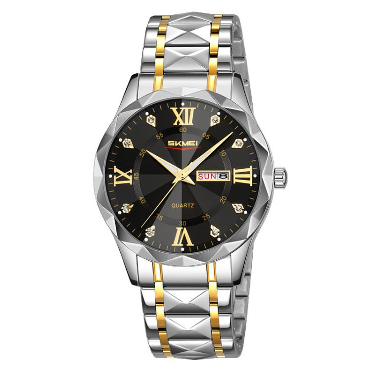 Business Casual Watches Diamond Case Luminous Waterproof Quartz Watch,... Men Silver Gold Strap Black Dial