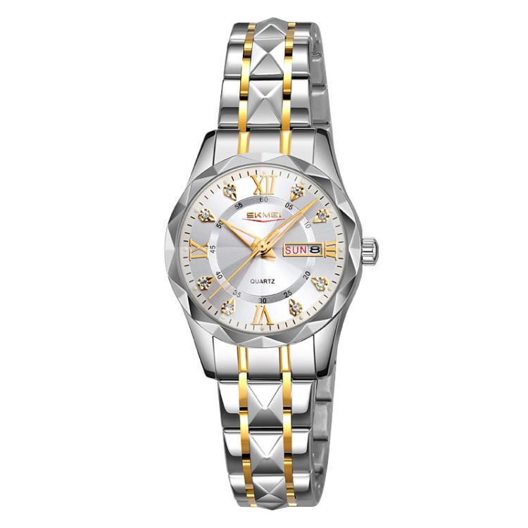 Business Casual Watches Diamond Case Luminous Waterproof Quartz Watch,... Women Silver Gold Strap Silver Dial