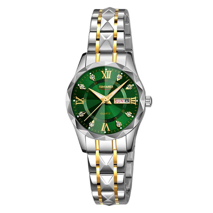 Business Casual Watches Diamond Case Luminous Waterproof Quartz Watch,... Women Silver Gold Strap Green Dial