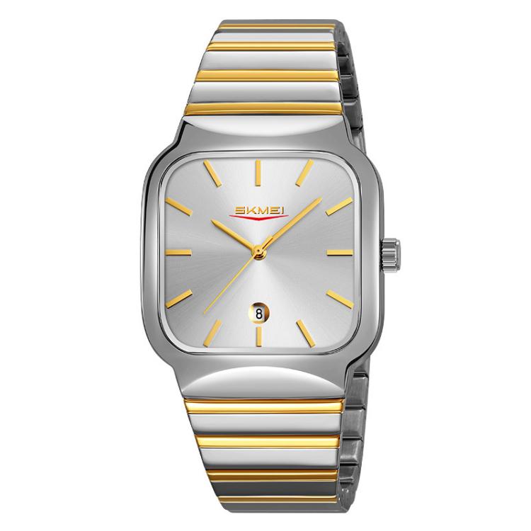 Case – 9361 Steel Strap Textured Dial Watch Business Casual Square Quartz... Silver Gold Case Silver Dial