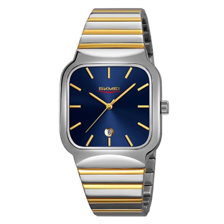 Case – 9361 Steel Strap Textured Dial Watch Business Casual Square Quartz... Silver Gold Case Blue Dial