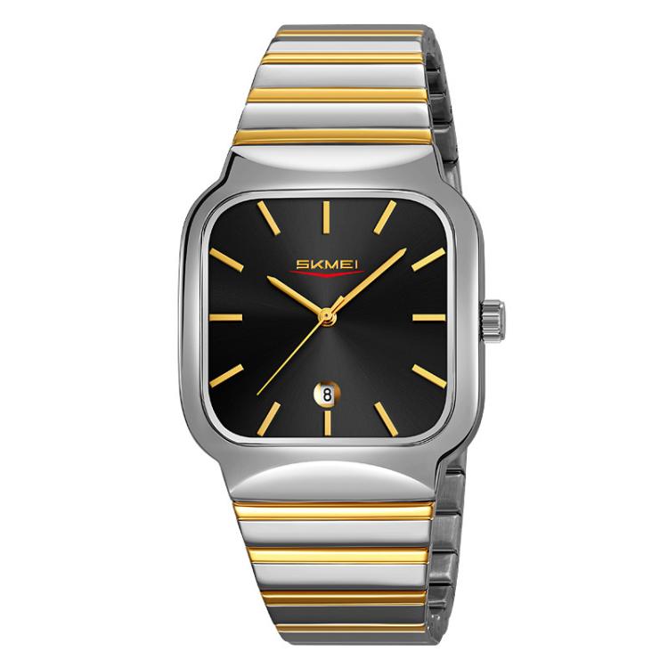 Case – 9361 Steel Strap Textured Dial Watch Business Casual Square Quartz... Silver Gold Case Black Dial