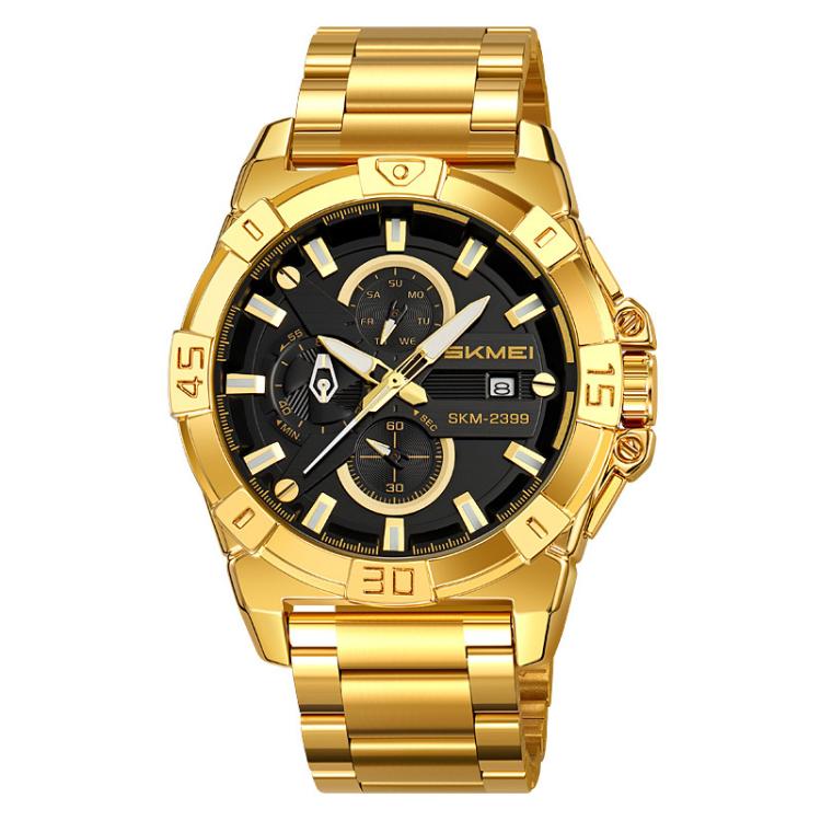 SKMEI 2399 Three-eye Six-pin Steel Band Quartz Watch Men Business Casual Watch Gold