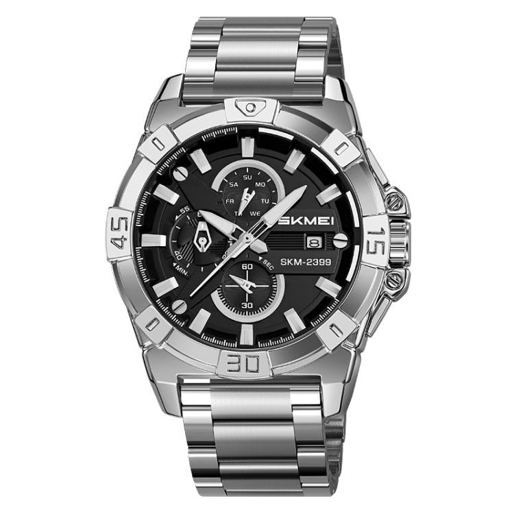 SKMEI 2399 Three-eye Six-pin Steel Band Quartz Watch Men Business Casual Watch Silver