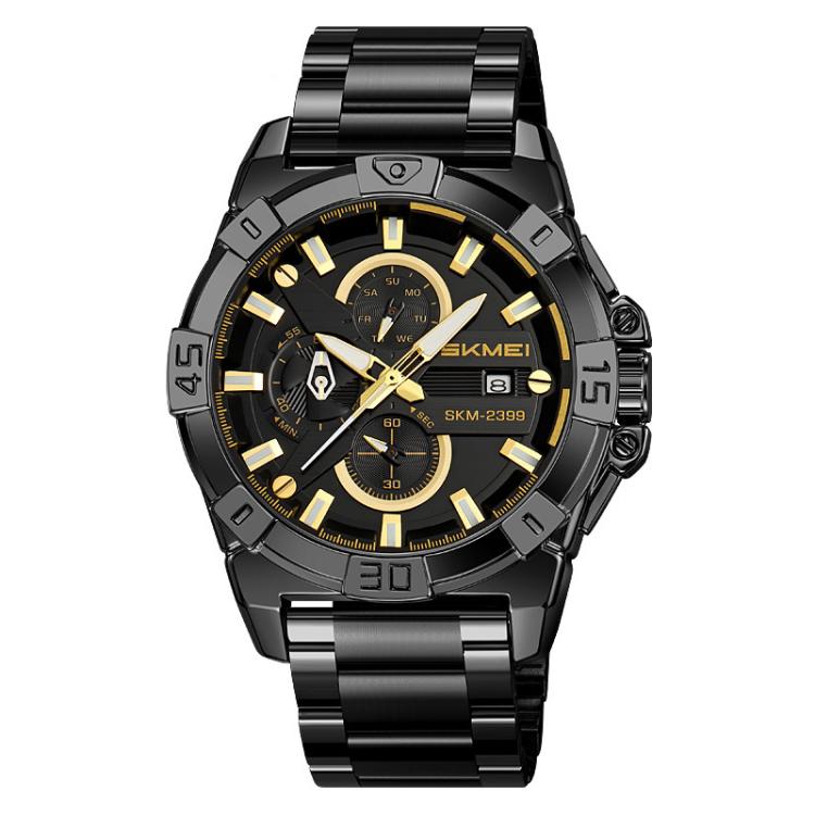 SKMEI 2399 Three-eye Six-pin Steel Band Quartz Watch Men Business Casual Watch Black Gold