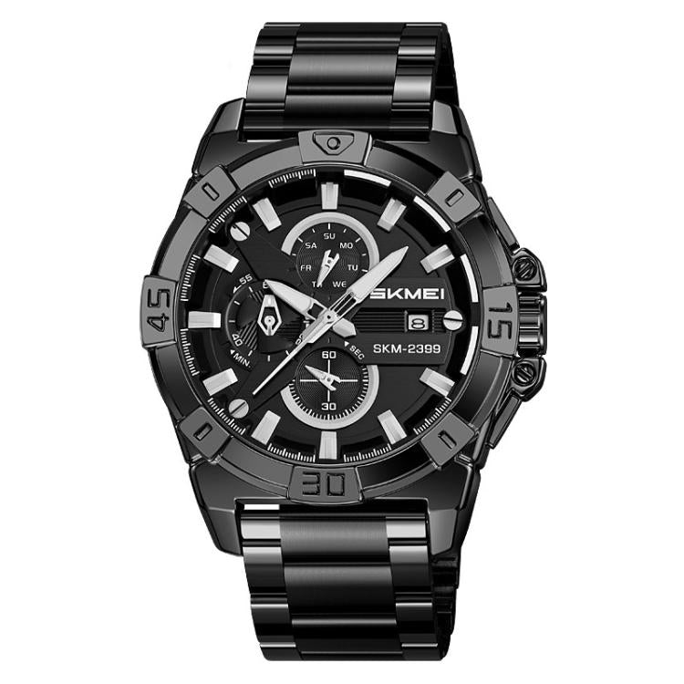 SKMEI 2399 Three-eye Six-pin Steel Band Quartz Watch Men Business Casual Watch Black