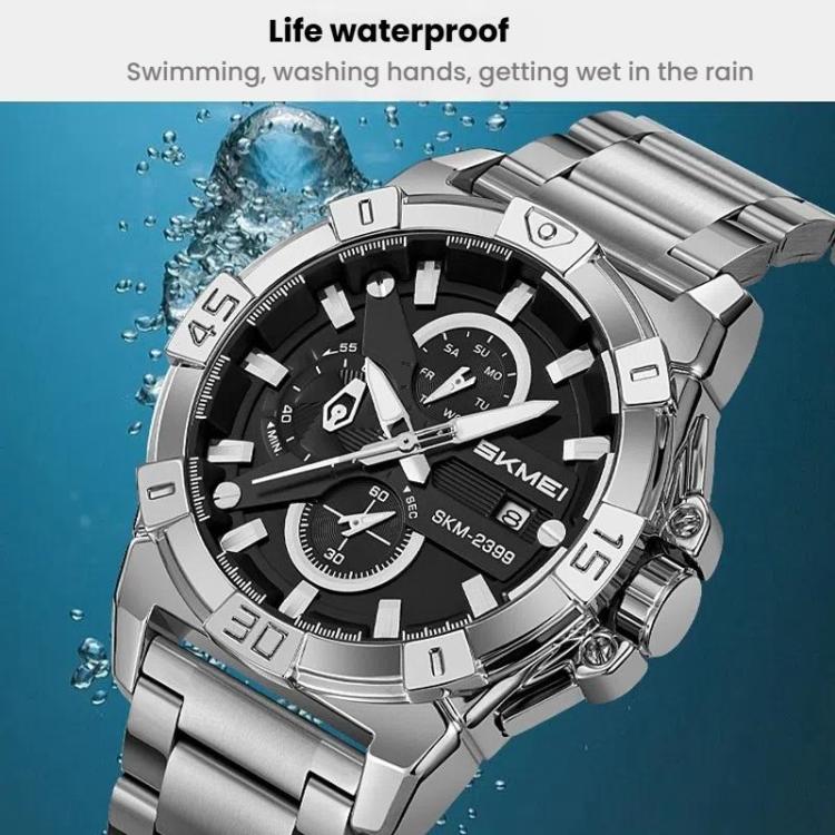 SKMEI 2399 Three-eye Six-pin Steel Band Quartz Watch Men Business Casual Watch