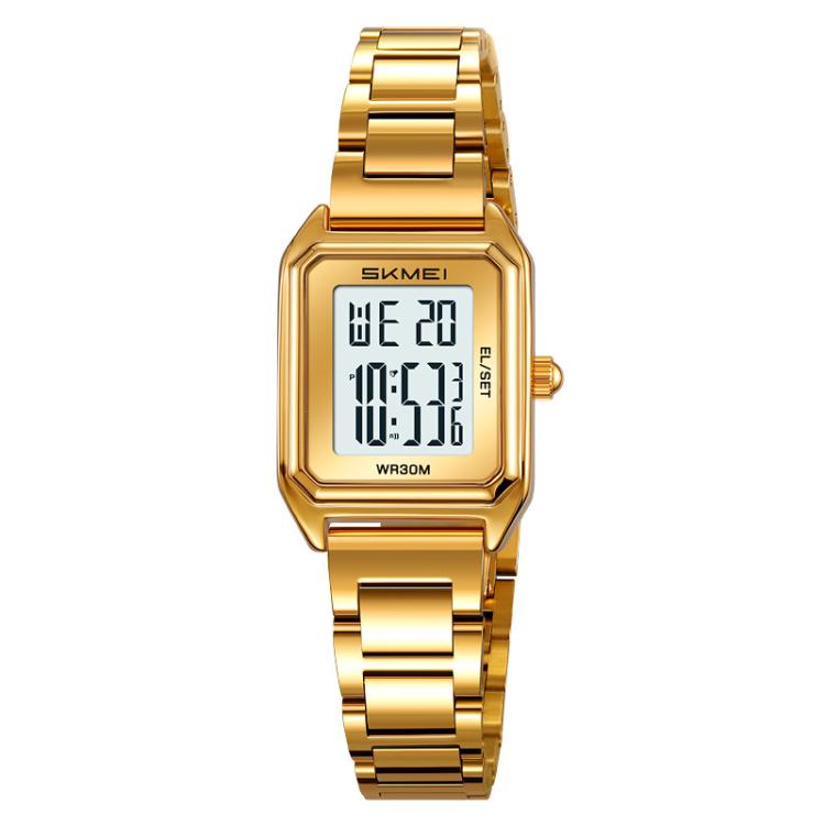2493 Small Women Electronic Watch Square Steel Strap Watch, Gold Case... Gold Case White
