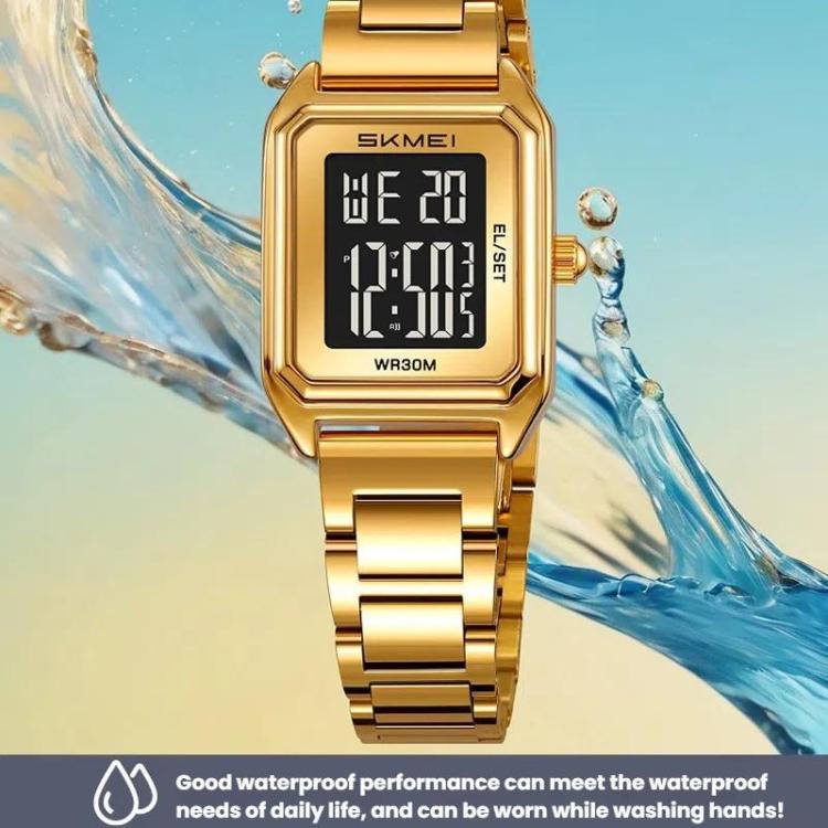 2493 Small Women Electronic Watch Square Steel Strap Watch, Gold Case...