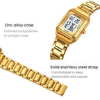 2493 Small Women Electronic Watch Square Steel Strap Watch, Gold Case...